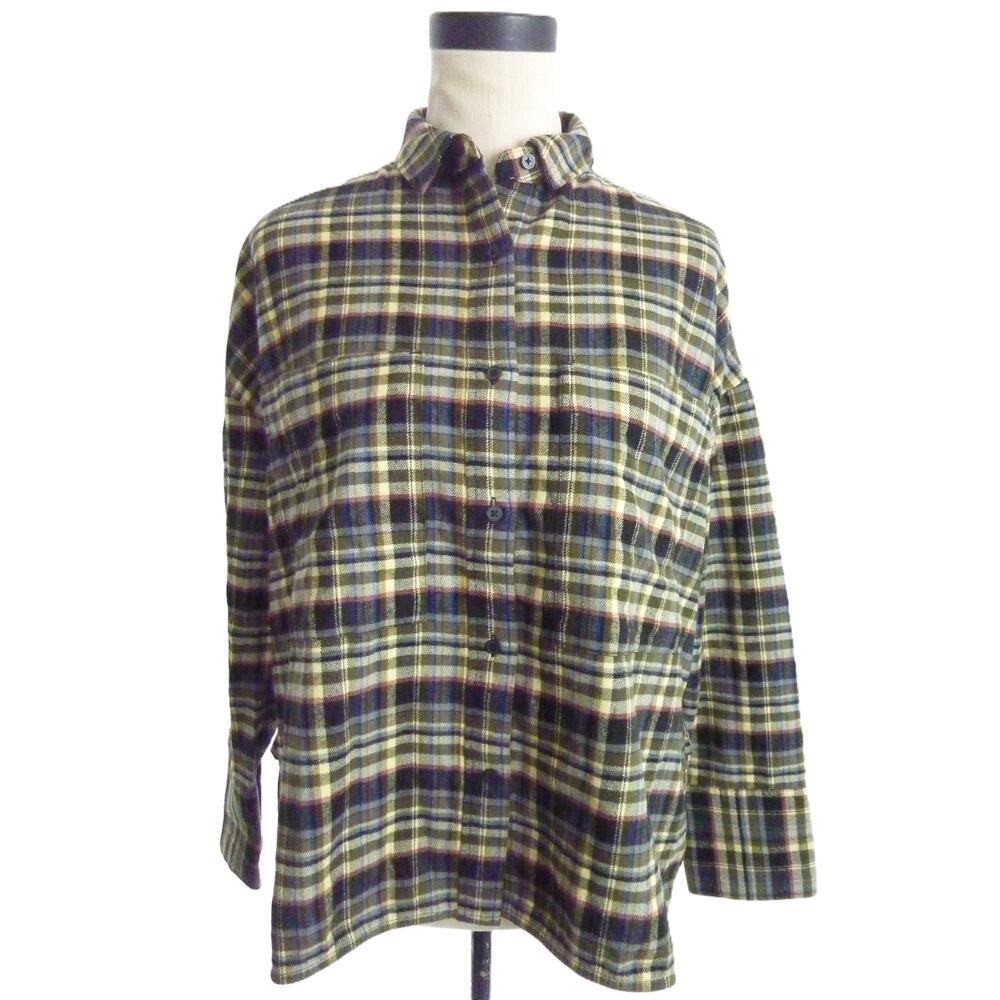 NWT Everlane Boxy Flannel Button Down Shirt M Dark Plaid Olive Black Green